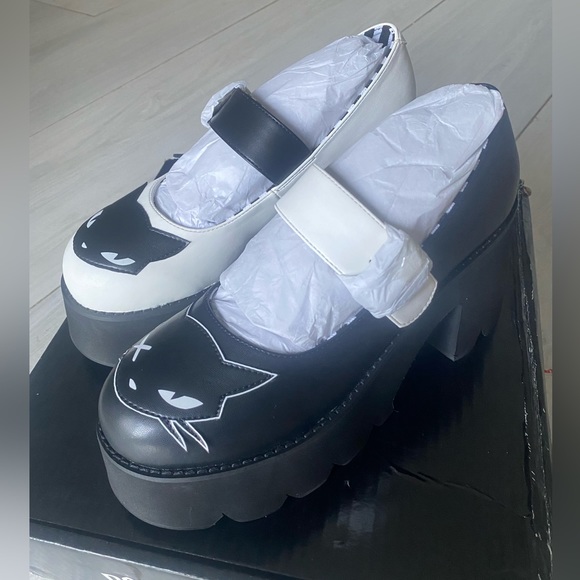 Dolls Kill x Emily The Strange | Cat You Later Platform Black / White Mary Janes - Picture 6 of 12